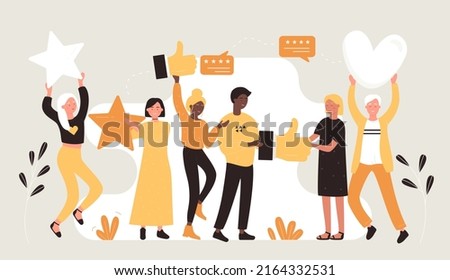 Best survey experience, support and good review evaluation from tiny people. Cartoon happy satisfied customers holding stars, thumbs up and heart likes flat vector illustration. Feedback concept