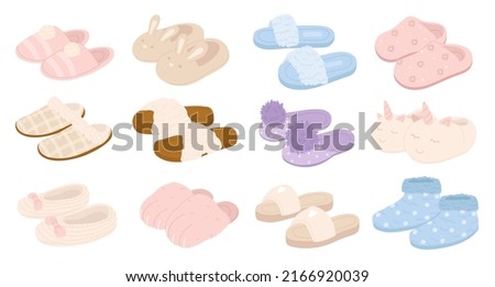 Cute slippers set vector illustration. Cartoon pair of home shoes, warm clothing for male and female feet, funny fluffy or rubber footwear collection isolated on white. Household, garment concept