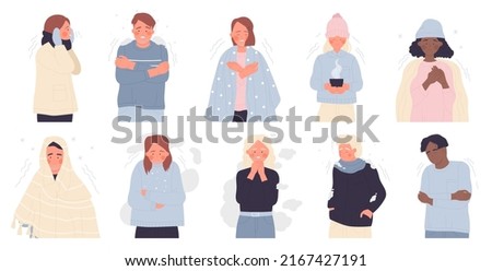 People shiver and hate winter cold weather set vector illustration. Cartoon young man and woman feeling unwell, characters standing in warm outfit or under plaid isolated white. Hypothermia concept Foto stock © 
