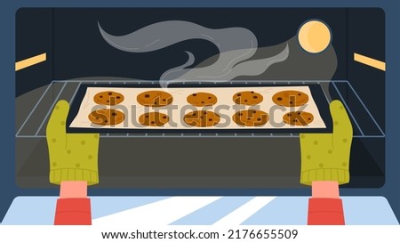 Hands in gloves taking out tray of cookies from baking oven. Cartoon baker or chef cooking biscuit in home kitchen, making dessert flat vector illustration. Sweet food recipe, bakery concept