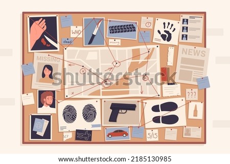 Crime evidence board with pins and red thread connecting scheme vector illustration. Cartoon detective investigation pinboard with paper map, photos and pictures to investigate murder background