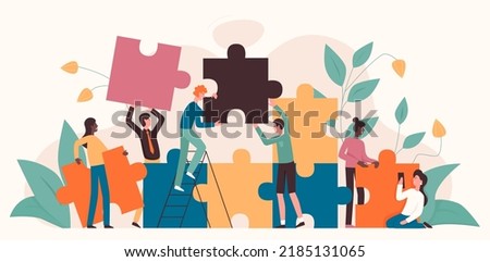 Community of business people building teamwork and cooperation. Cartoon corporate tiny characters connect and match puzzle parts together, make achievement flat vector illustration. Challenge concept