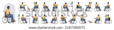 African american black active male character male with disability poses set vector illustration. Cartoon happy young man sitting in wheelchair in front, side and back view, walking dog, playing guitar