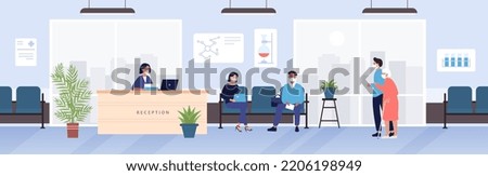 Hospital lobby with receptionist at reception counter and patients in medical masks vector illustration. Cartoon people wait first aid, doctors appointment or information in office background