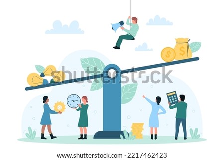 Light bulb symbol of business creative idea and money on seesaw scales vector illustration. Cartoon tiny people compare weight and price of lightbulbs, comparison of innovations cost for budget