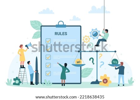 Regulation and compliance rules vector illustration. Cartoon tiny people reading and understanding law information document in paper checklist on clipboard, regulatory agreement and principle of work