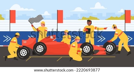 Car repair at sport races by professional team of mechanics in uniform vector illustration. Cartoon workers of technical maintenance crew with equipment change tires of red fast automobile on track