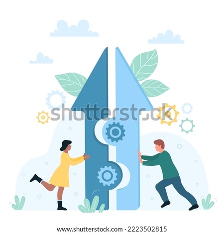 Business partnership, merger and connection of teams for progress vector illustration. Cartoon tiny people connect pieces and merge arrow puzzle with gears inside, making organization teamwork process