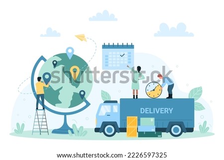 Global logistic distribution service, worldwide import, export vector illustration. Cartoon tiny people put location pin on globe, hold clock, plan delivery of goods by truck using planner calendar
