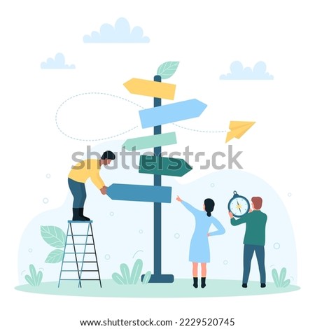 Business decision, options for right choice vector illustration. Cartoon tiny people near road sign with arrows choose path on crossroads, direction of development and career, holding compass