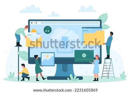 Free download multimedia files and documents vector illustration. Cartoon tiny people upload video and music content from cloud, transfer data information with digital app, use software system