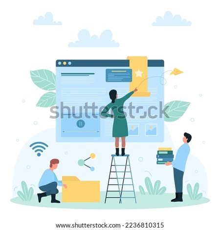 Favorites management online vector illustration. Cartoon tiny people work in browser windows with bookmark on screen, character bookmarking favorite website, holding directory and folders with files