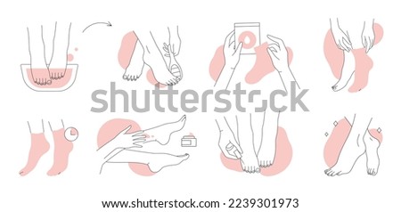 Foot care set of line icons vector illustration. Hand drawn outline female feet in bath with water, spa treatment in beauty salon and massage with cream, pedicure, moisturizing and peeling socks