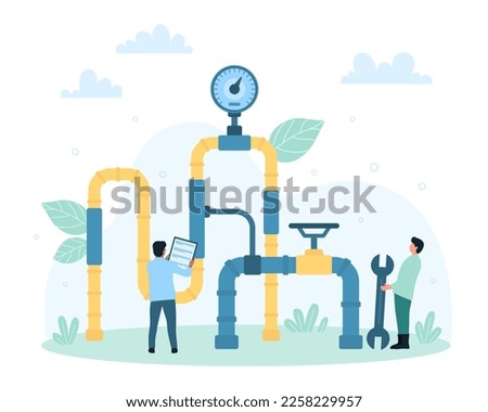 Gas and oil pipeline inspection, maintenance service vector illustration. Cartoon tiny people check pipes and valves safety, workers control natural gas transportation flow with repair equipment