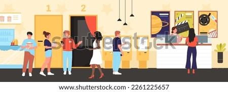 Cinema entrance and ticket check vector illustration. Cartoon people buying movie tickets at self service terminal and popcorn boxes in cafeteria of theater lobby with posters of upcoming films