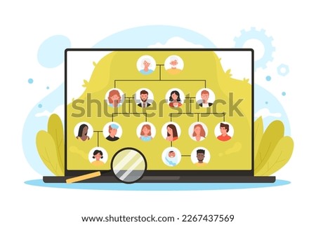 Family tree app, genealogy software vector illustration. Cartoon infographic template with laptop and magnifying glass, relatives, grandparents, parents and children connected with lines on screen