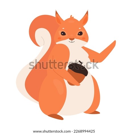 Cute squirrel holding nut. Wild rodent feeding with seeds, fluffy tail vector illustration