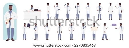 Cartoon man doctor sitting thinking standing, holding patient xray, working postures of hospital worker isolated. African american black doctor male character poses infographic illustration set