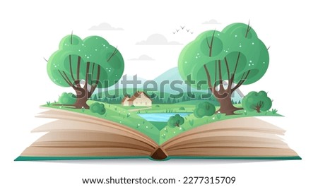 Cartoon magic summer nature with trees and mountains, water of lake and cute family house, fantasy adventure in storybook. Spring forest landscape on paper pages of open book vector illustration.