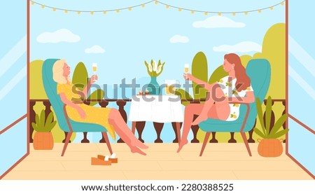 Girls talk on outdoor terrace vector illustration. Cartoon peaceful lifestyle scene with conversation of two best friends sitting in chairs together to chat and speak, drink lemonade with summer view