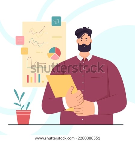 Business information analysis by businessman vector illustration. Cartoon man holding paper folder with office documents to analyze and check graphs of income finance profit from report service