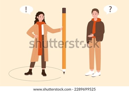 Personal borders and privacy protection vector illustration. Cartoon tiny woman holding pencil, drawing circle line, obstacle to outline healthy and comfort boundaries of interaction with man