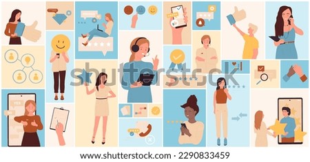 Cartoon people rate experience, clients vote for product or service in social media, square collage background. Feedback, credibility concept. Customers support and review set vector illustration