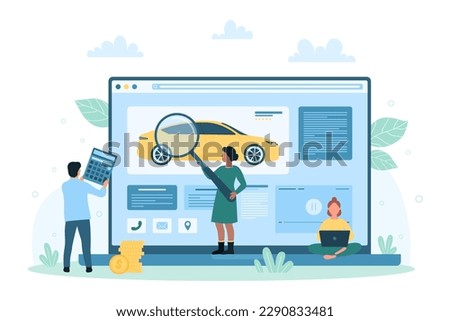 Car search online vector illustration. Cartoon tiny people holding magnifying glass and calculator to find vehicle to buy or rent, customer using rental agency service, inspection of automobile market