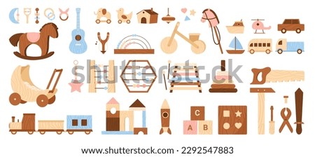 Wooden toys set vector illustration. Cartoon isolated learning Montessori equipment for early games of baby children, wood collection of puzzles and block cubes, rocket and boat, car and horse