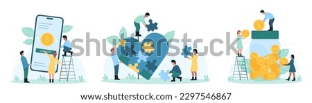 Charity services set vector illustration. Cartoon generous tiny people give money cash to glass donation jar, volunteers collect heart from puzzle pieces, donate coins with mobile app in phone