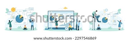 Stock market data analytics set vector illustration. Cartoon tiny people work on conversion of big data flow in funnel, research graphs, candlestick and pie charts with magnifying glass and calculator