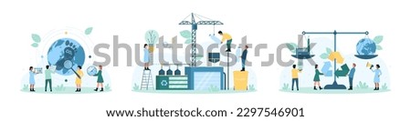 Eco balance set vector illustration. Cartoon tiny people research carbon footprint, recycle plastic at waste recycling plant for energy and electricity production, compare climate change on scales