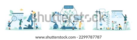 Science research set vector illustration. Cartoon tiny people study DNA with magnifying glass and microscope, grow plant with leaves from helix with robot arm, work with chemical laboratory equipment