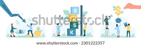 Finance, investment risks set vector illustration. Cartoon hand with needle bursts balloon with piggy bank, tiny people push cubes with word risk, holding arrow of crisis, debt in falling down