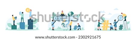 Web navigation and search set vector illustration. Cartoon tiny people carry questions in cart to find answers, look through magnifying glass at search bar and hashtag for information analysis