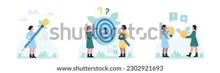 Creative idea set vector illustration. Cartoon tiny people create projects, holding pencil, bright light bulb and money coin, target lock and key to solve problems and find answers to questions