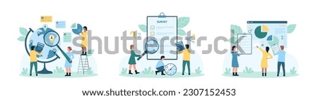 Sociology set vector illustration. Cartoon tiny people look through magnifying glass at survey results, sociologists research society, analyze charts of sociological report and location on globe