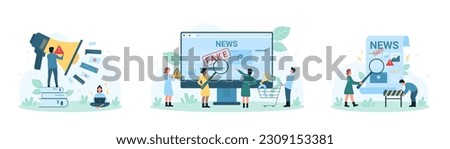 Fake news set vector illustration. Cartoon tiny people research facts in social media with magnifying glass, putting barrier and warning sign on megaphone to stop spread, share disinformation online