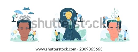 Mental health and self growth set vector illustration. Cartoon tiny people grow, water tree inside abstract human head, protect mindset of person from dark thoughts with umbrella, install light bulb