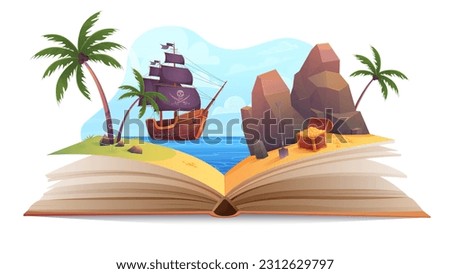 Cartoon fairytale world on paper pages for reading, corsair boat sailing to treasure island in sea landscape. Open book with fun story about adventure of pirate ship for children vector illustration