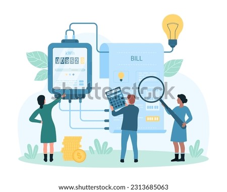 Electricity bill payment and inspection vector illustration. Cartoon tiny people holding magnifying glass and calculator to check readings of electric meter, pay per kilowatt and energy consumption