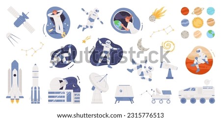 Space set vector illustration. Cartoon isolated collection with male and female astronauts inside and outside of spaceship, solar system planets and satellite, shuttle, observatory telescope and rover