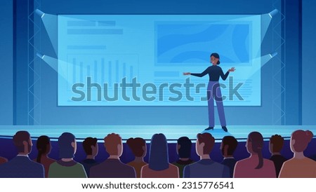 Public lecture, business training for audience vector illustration. Cartoon woman presenting business product on screen, confident female speaker standing on stage in spotlights to explain information