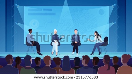 Science conference, lecture with presentation in front of audience vector illustration. Cartoon international group of scientists talk on stage, speakers explain scientific research to shareholders