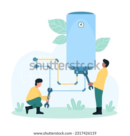 Water heater repair service vector illustration. Cartoon tiny engineers and plumbers with wrench fixing leakage of broken plumbing, people check pipe and heating tank in residential home system