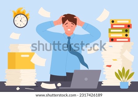 Messy paperwork, office bureaucracy and overtime hardwork of employee vector illustration. Cartoon busy tired frustrated man standing at desk with unorganized paper documents, laptop and boxes