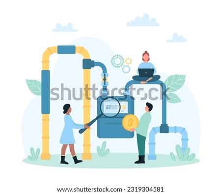 Gas bill payment vector illustration. Cartoon tiny people check gas meter readings and price with magnifying glass, customer characters pay money online for supply service and heating of family house