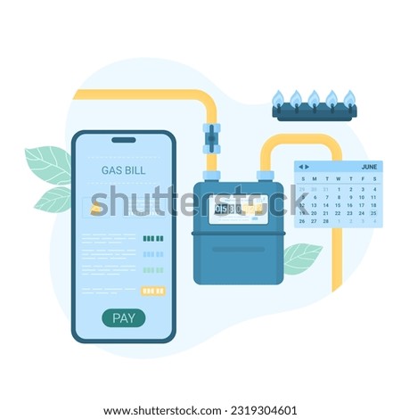 Monthly gas payment online vector illustration. Cartoon isolated mobile phone with app for paying utility bills for gas, meter with readings and stove burner, calendar for month with date to pay