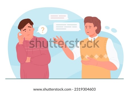 Communication problem of people vector illustration. Cartoon two male characters talking with miscommunication in dialogue, confused young man with question mark misunderstanding conversation