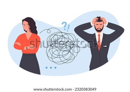Misunderstanding between business partners vector illustration. Cartoon man and woman misunderstand messages and information, bad communication and disagreement, conflict of two people in dialog